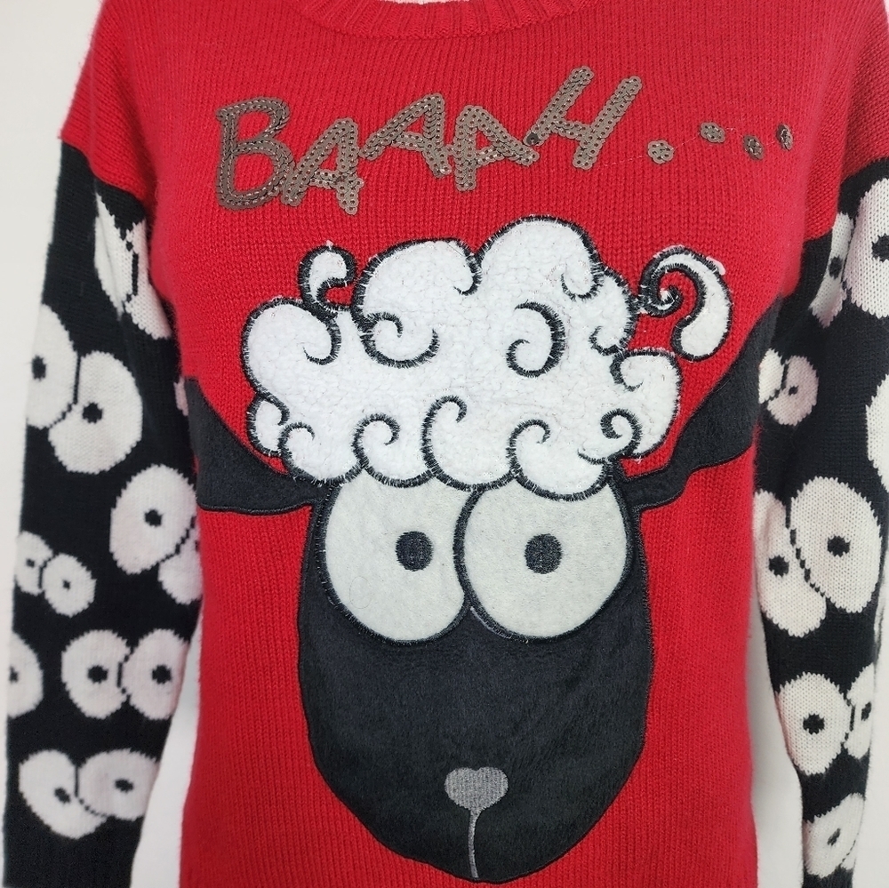 Holiday Traditions BAAAHHUMBUG! Lamb Red Crew Neck Women's Sweater Size S - Picture 5 of 7